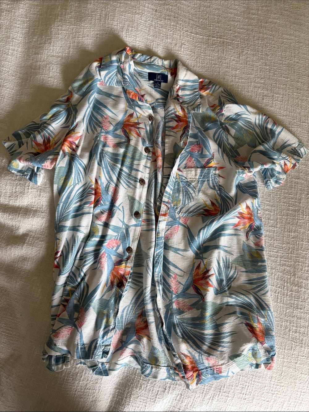 J. Crew White Short-Sleeve Button Down Shirt with Blue and Coral Floral Print